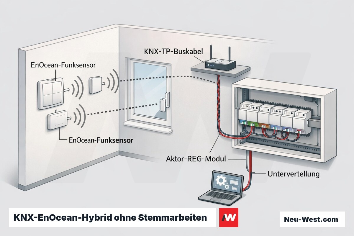 Schema: batterielose EnOcean-Funksensoren an der Wand, Funk zum Gateway, KNX-TP-Buskabel zu Aktor-REG-Modulen in der Unterverteilung.