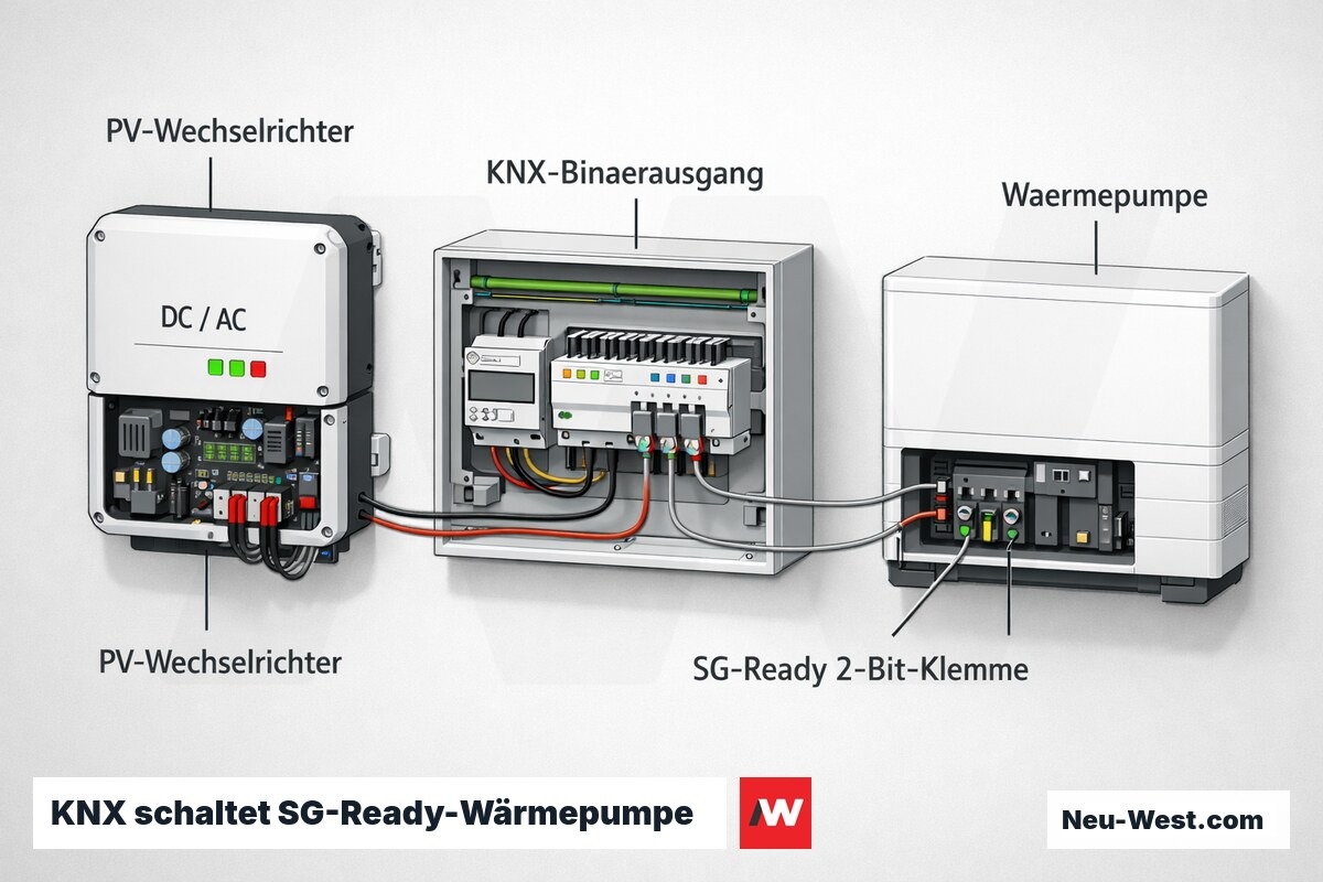 Erklär-Grafik: KNX-Binärausgang schaltet über die SG-Ready-2-Bit-Klemme die Wärmepumpe bei PV-Überschuss in erhöhten Betrieb.