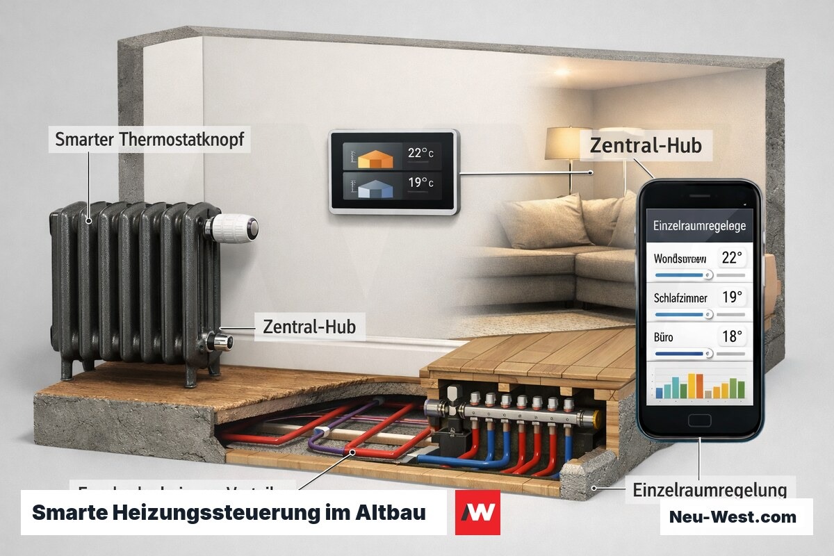 Querschnitt eines sanierten Wohnzimmers mit smarten Heizkörperthermostaten, Fußbodenheizung und digitalem Steuerungs-Hub an der Wand