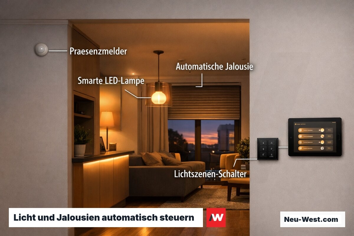 Saniertes Wohnzimmer mit smarter LED-Beleuchtung, Bewegungsmelder, automatischen Rollläden und Wandtablet zur Lichtsteuerung