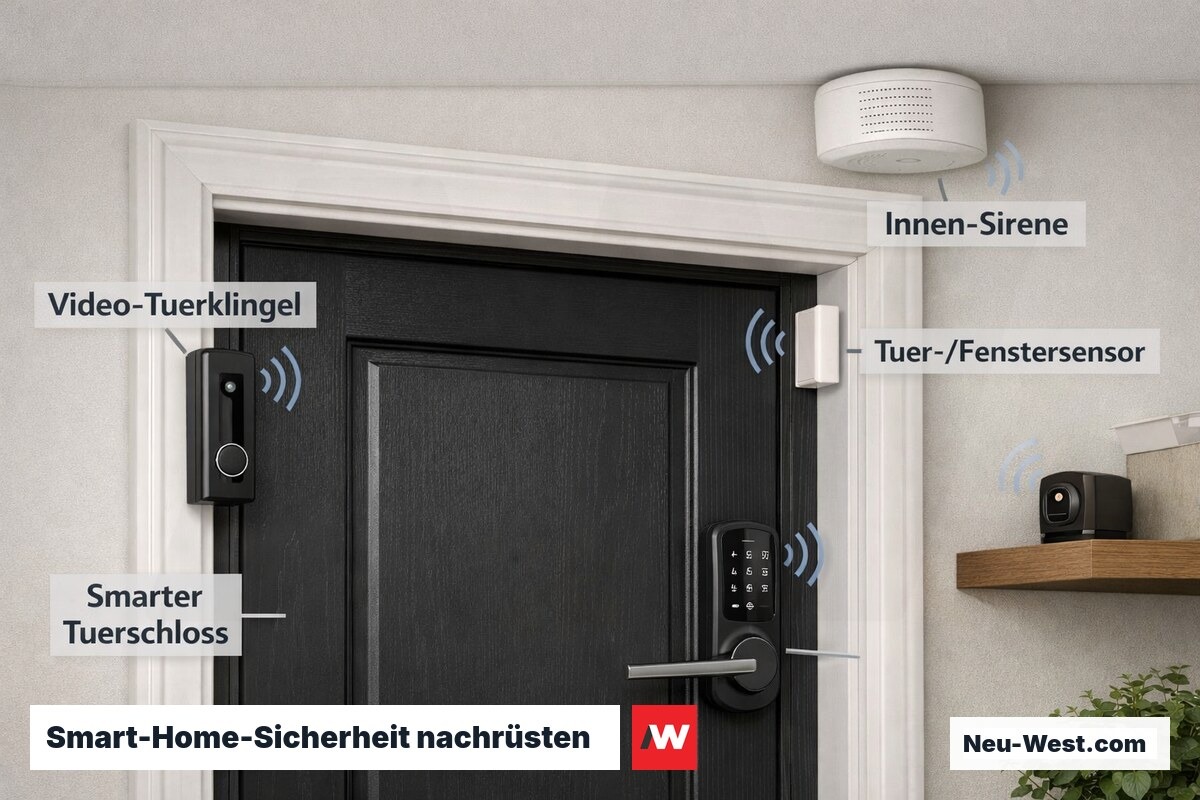 Haustür-Bereich mit smarter Video-Türklingel, Fenstersensoren, Keypad-Schloss und Innensirene als nachrüstbares Alarmsystem