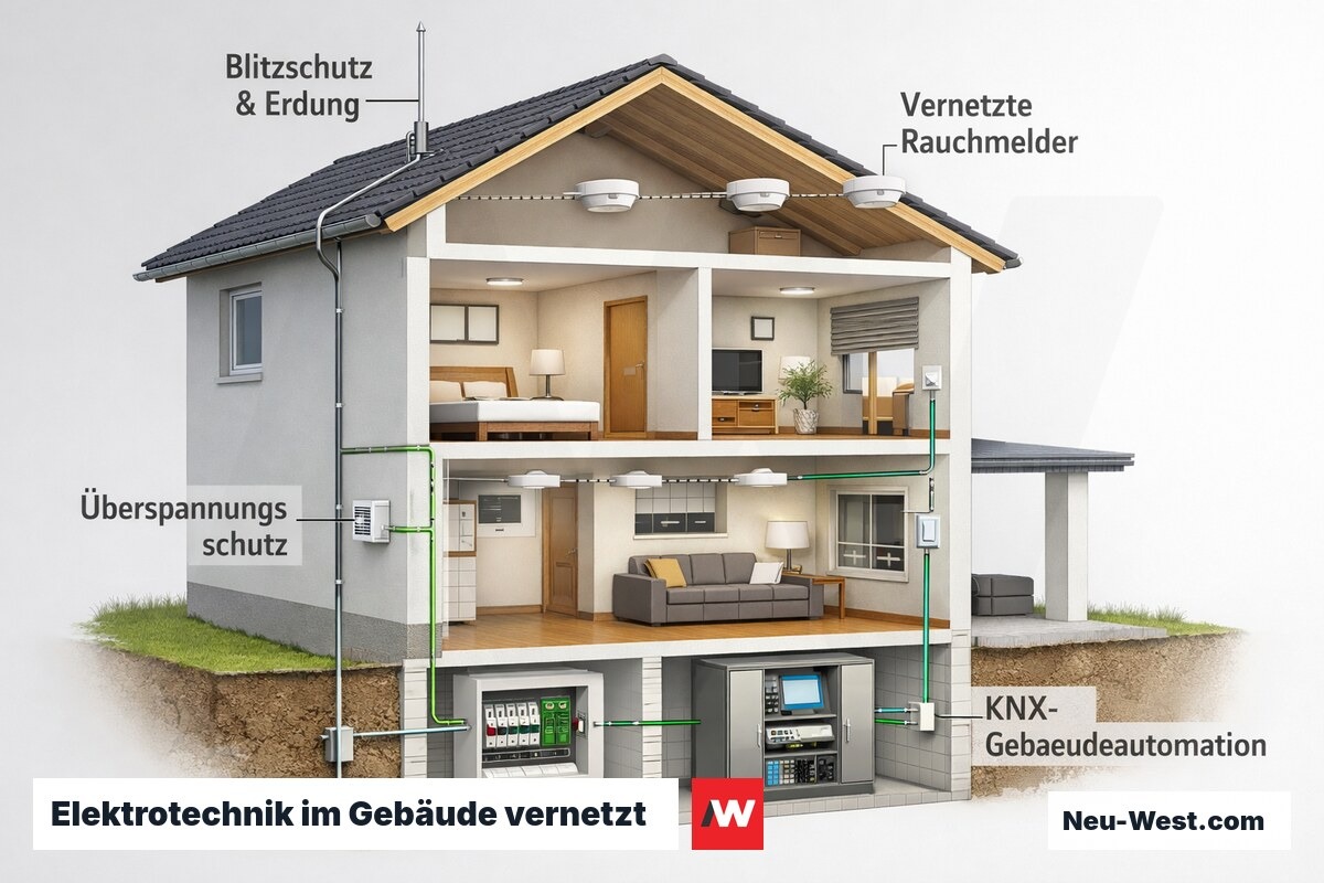 Gebäude-Querschnitt mit Blitzschutz, Überspannungsschutz, vernetzten Rauchmeldern und KNX-Gebäudeautomation im Zusammenspiel.
