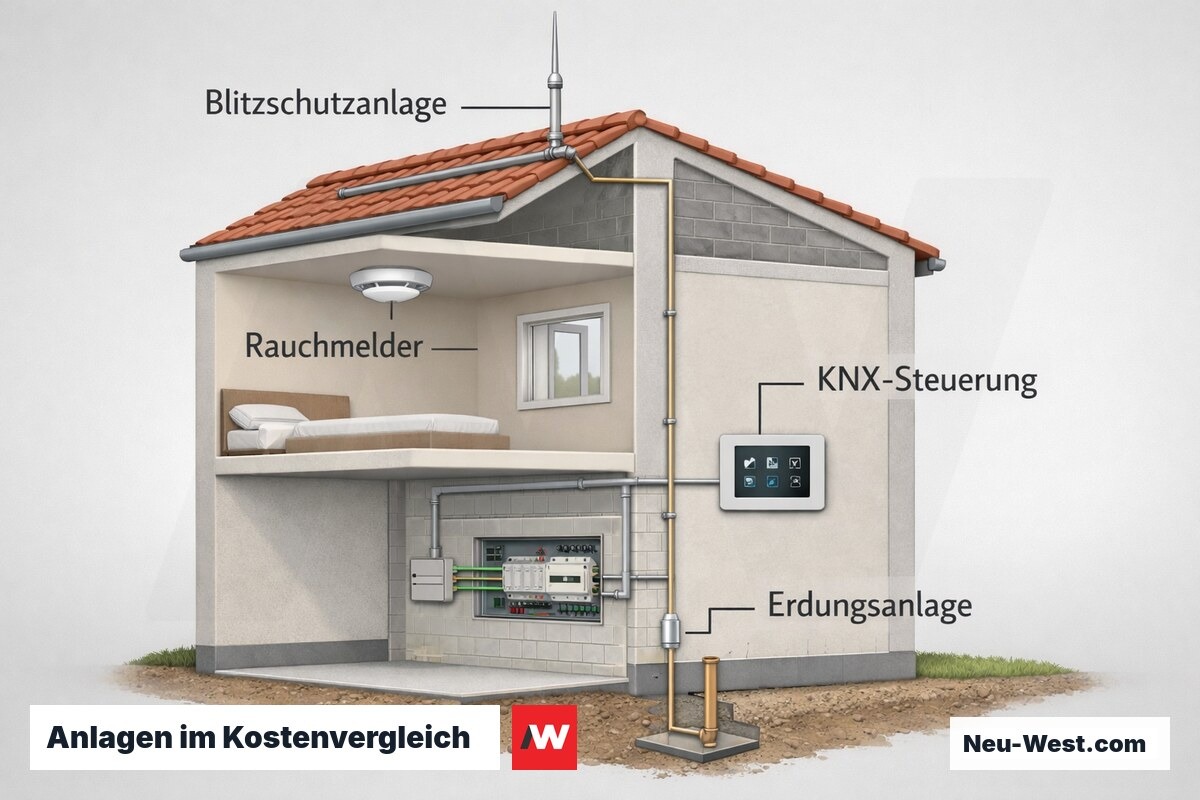 Gebaeude-Querschnitt mit Rauchmelder, Blitzschutzanlage, KNX-Steuerung und Erdung als Kostenfaktoren