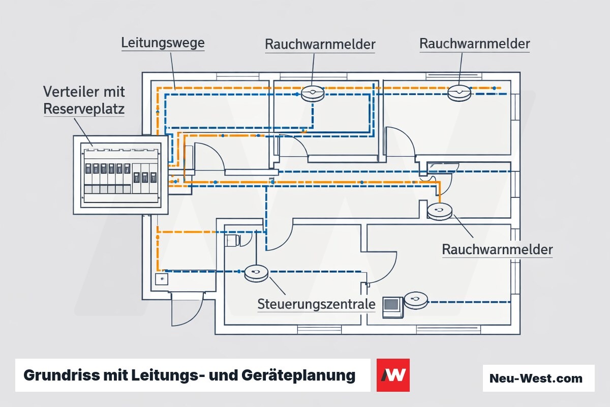 Grundriss-Planung mit Verteiler, Reserveplätzen, Leitungswegen, Rauchwarnmeldern und zentraler Steuerung für spätere Erweiterungen.