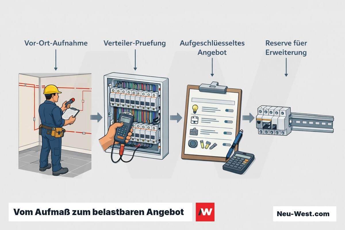Prozess-Sequenz: Vor-Ort-Aufnahme, Verteiler-Prüfung, aufgeschlüsseltes Angebot und modularer Verteiler mit Reserveplätzen für spätere Erweiterung.