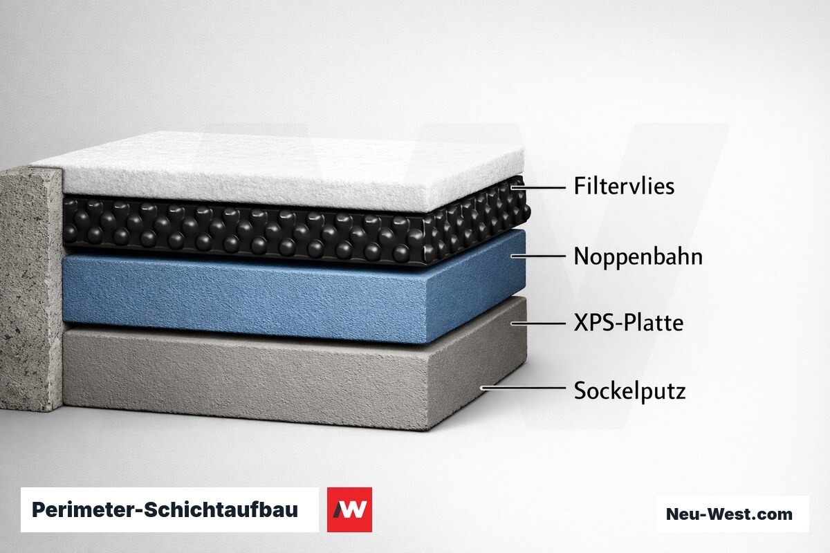 Perimeter-Schichtaufbau: Sockeldämmung unter Gelände – Erklär-Grafik (NEUWEST Berlin)