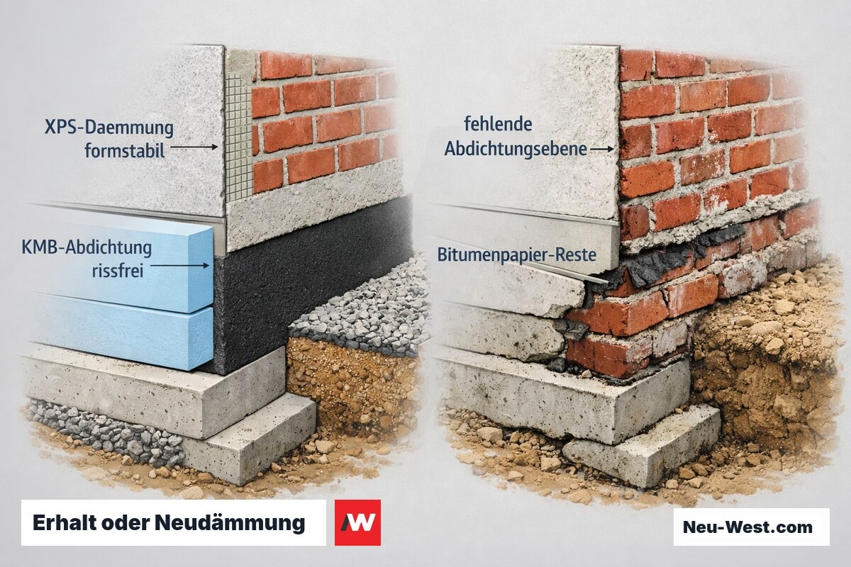 Vergleichs-Querschnitt zweier Sockelaufbauten: links intakte XPS-Dämmung mit rissfreier KMB-Abdichtung, rechts Altbau ohne definierte Abdichtungsebene mit Bitumenpapier-Resten und Salzschäden.