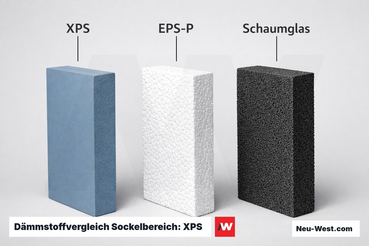 Dämmstoffvergleich Sockelbereich: XPS – EPS-P – Schaumglas – Erklär-Grafik (NEUWEST Berlin)