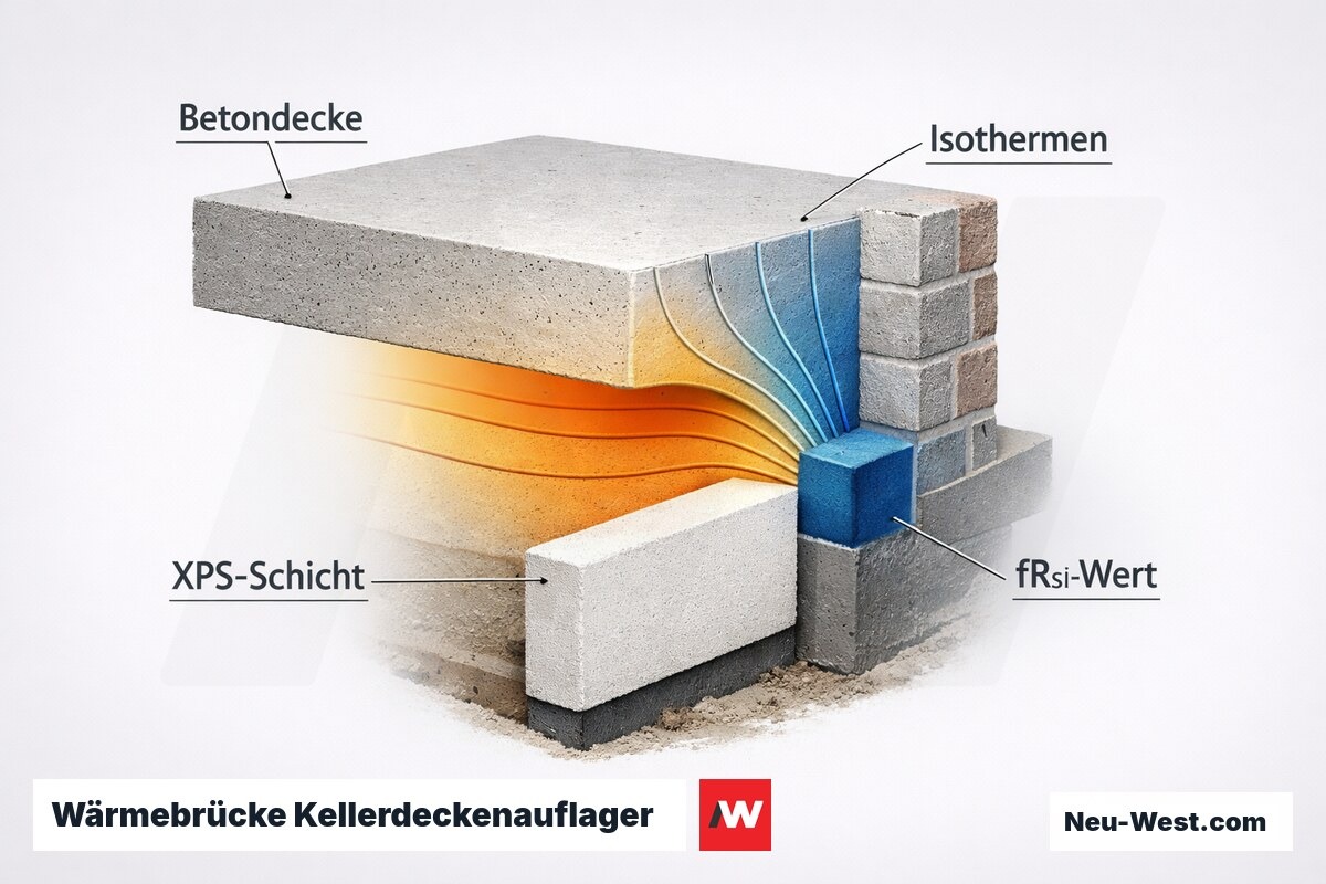 Wärmebrücke Kellerdeckenauflager: Isothermenverlauf und fRsi-Effekt – Erklär-Grafik (NEUWEST Berlin)
