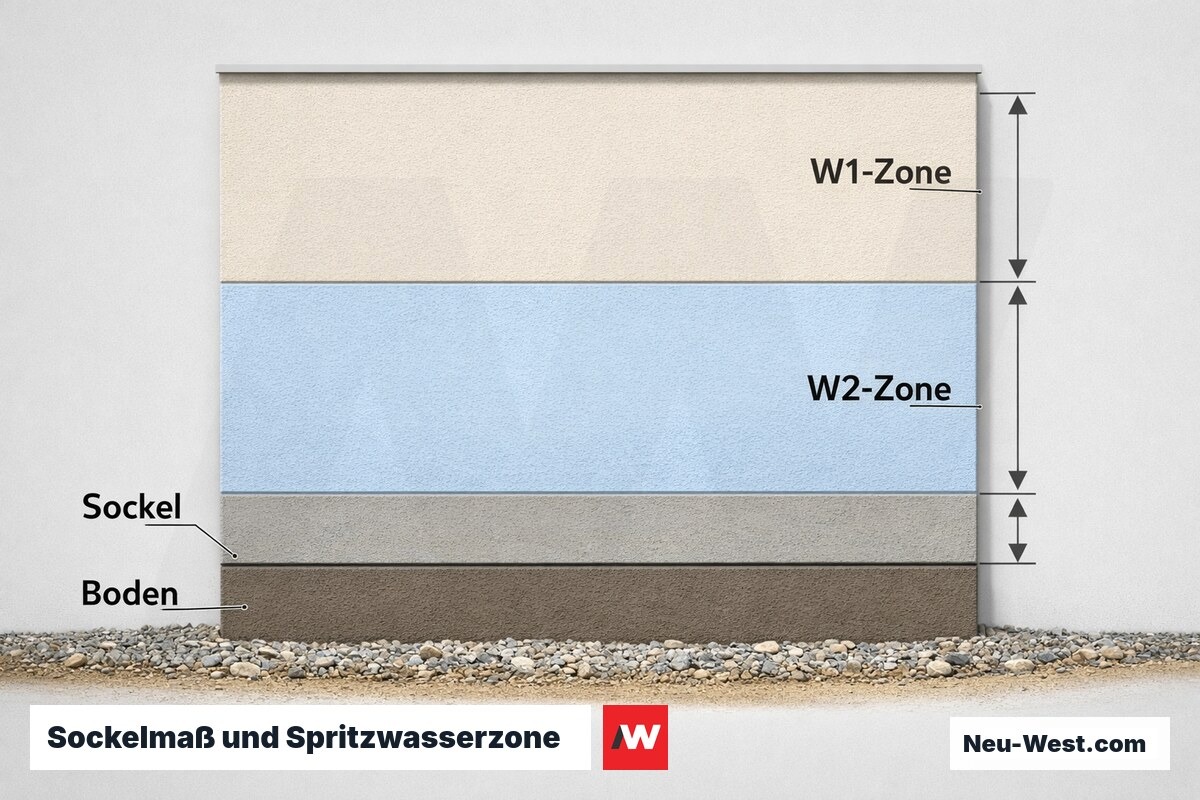 Sockelmaß und Spritzwasserzone: Wassereinwirkungsklassen W1 / W2 / W4 nach DIN 18533 – Erklär-Grafik (NEUWEST Berlin)