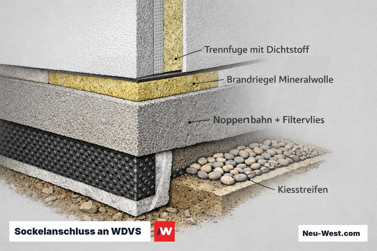 Bauteildetail des Sockelanschlusses: Trennfuge zum WDVS, Brandriegel, Drainage-Noppenbahn mit Filtervlies und Kiesstreifen an der Gebäudekante.