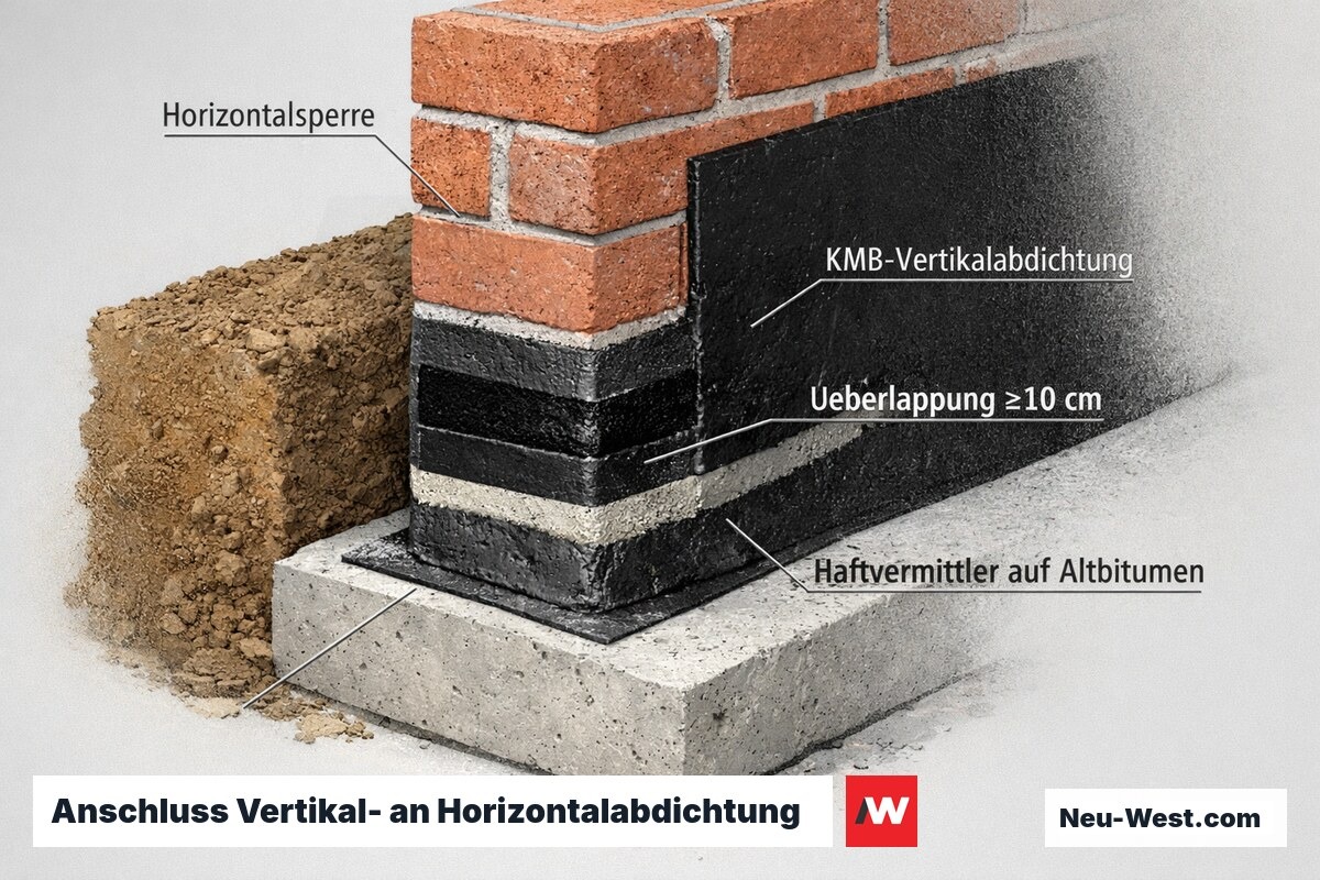Querschnitt Kellerwand-Sockel: KMB wird über die Horizontalsperre auf die Mauerwerksfuge hochgezogen, mit 10-cm-Überlappung und Haftvermittler auf altem Bitumen.