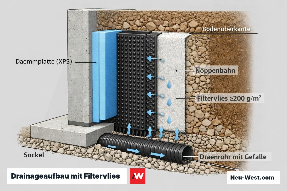 Querschnitt Kellerwand: Dämmplatte, Noppenbahn, Filtervlies und Dränrohr mit Gefälle zeigen funktionierende Drainageebene.