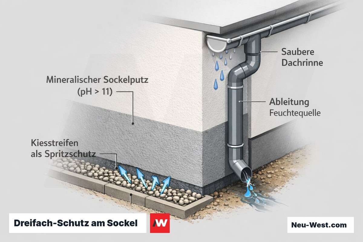 Querschnitt des Gebaeudesockels mit mineralischem Putz, umlaufendem Kiesstreifen und sauberer Dachrinne als dreifacher Schutz gegen Algen und Pilzbefall.