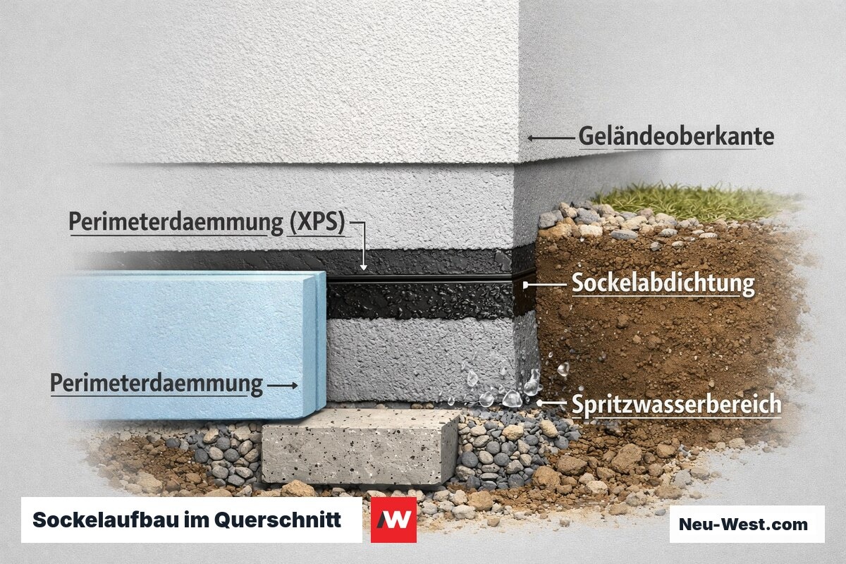 Bauzeichnung als Querschnitt durch die Sockelzone: Fundament, Perimeterdämmung, Sockelabdichtung und Übergang zur Fassade im Spritzwasserbereich.