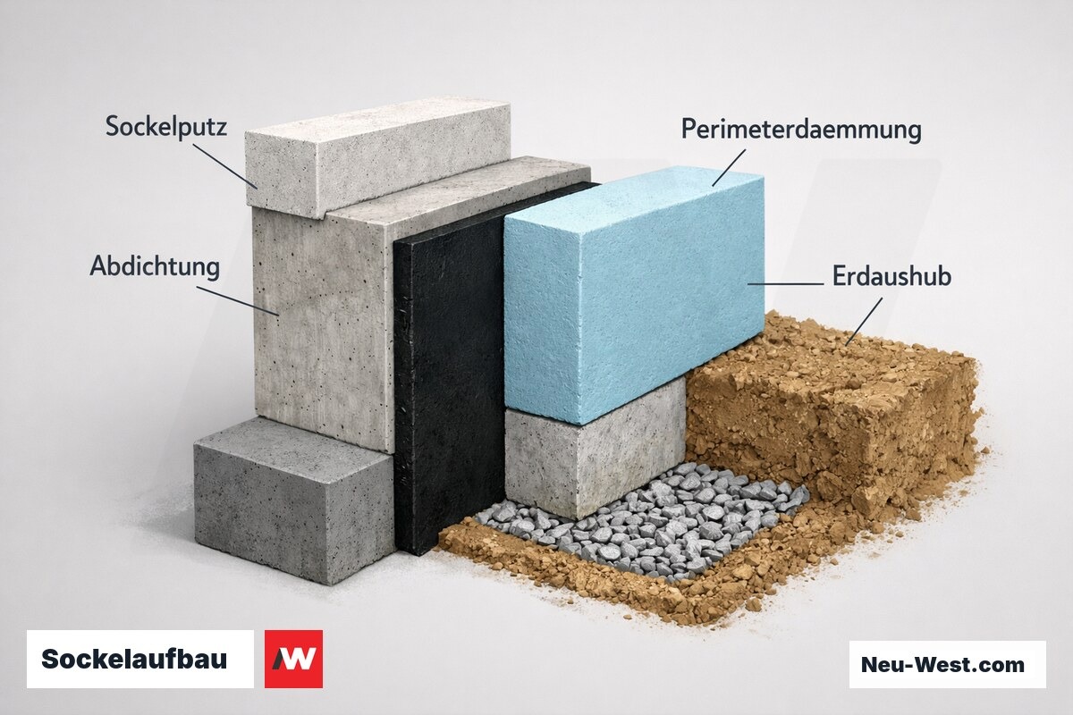 Querschnitt eines Gebäudesockels mit Sockelputz, druckfester Perimeterdämmung, Abdichtung und Erdaushub als kostenrelevante Bauteile.