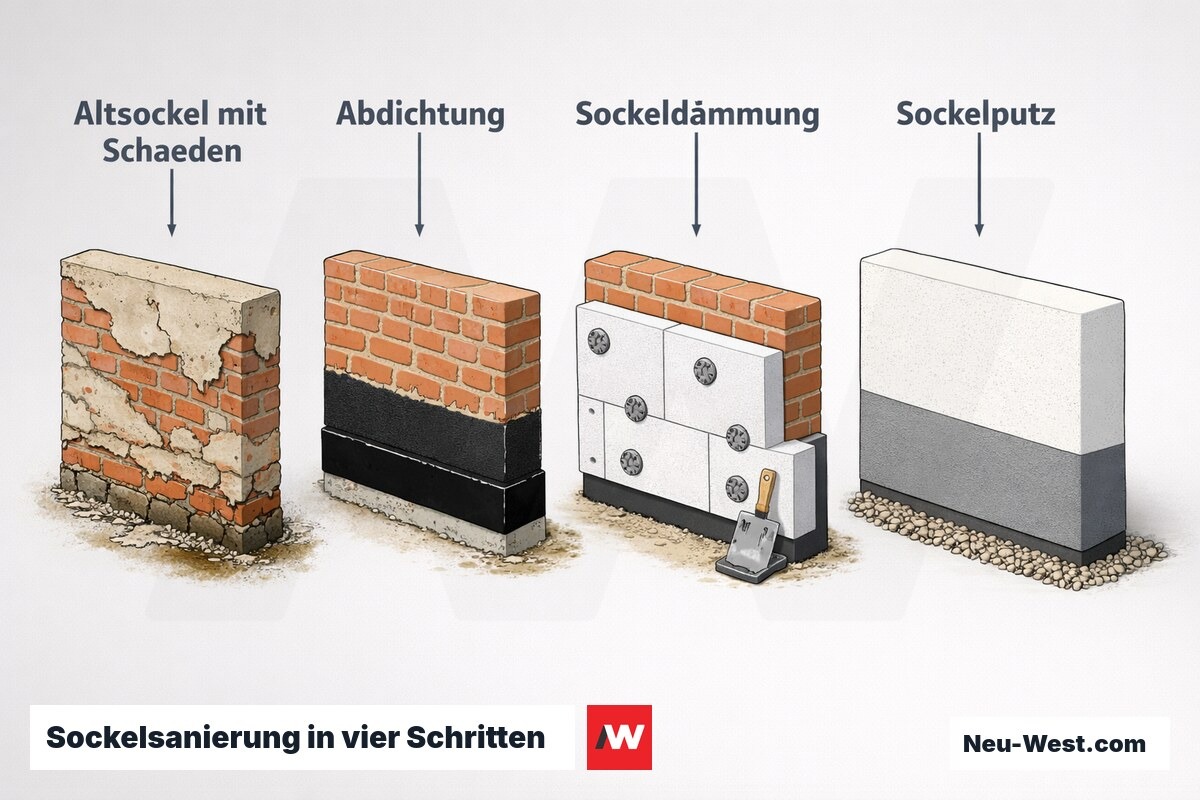 Ablauf-Illustration der Sockelsanierung: geschädigter Altsockel, Abdichtung, Sockeldämmung und abschließender Sockelputz im Spritzwasserbereich.