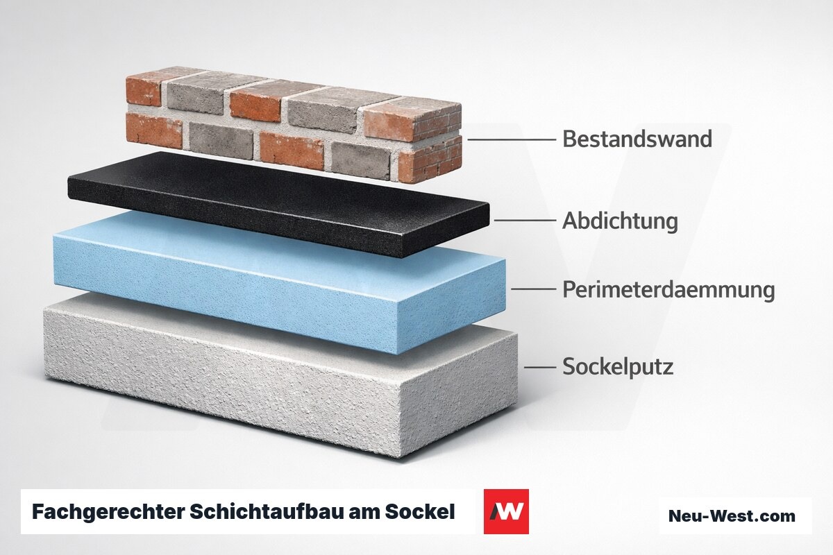 Schichtaufbau-Diagramm des Gebäudesockels mit Bestandswand, Abdichtung, Perimeterdämmung und feuchtigkeitsbeständigem Sockelputz im Spritzwasserbereich.