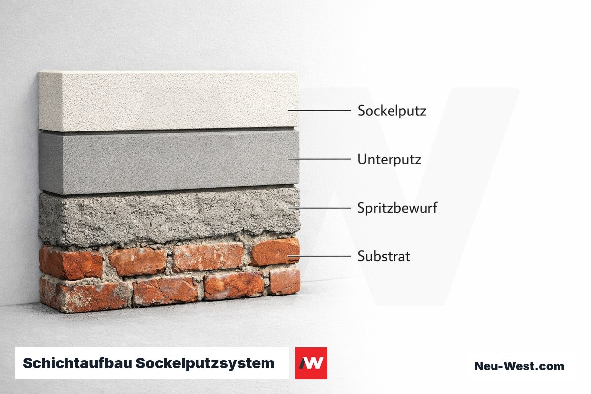 Schichtaufbau Sockelputzsystem – Lagen und Maßangaben – Erklär-Grafik (NEUWEST Berlin)