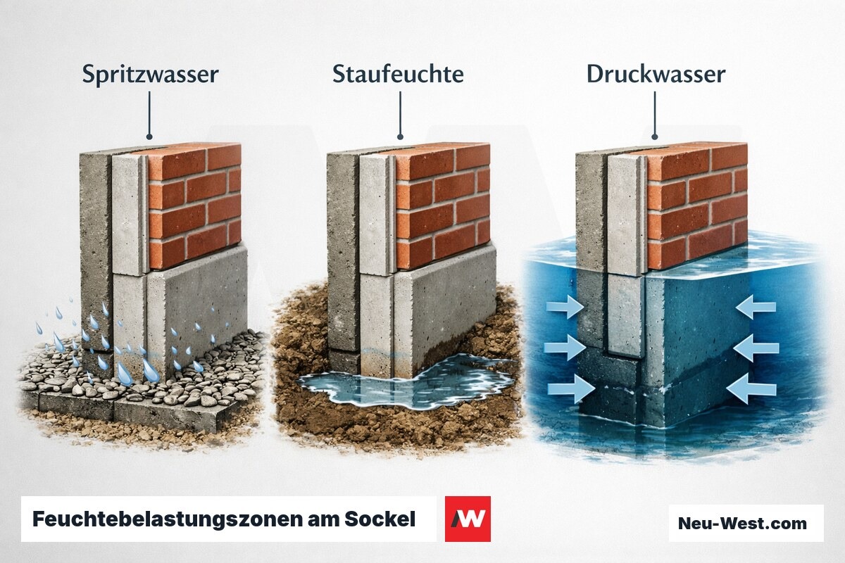 Feuchtebelastungszonen am Sockel – Systemwahl nach Beanspruchung – Erklär-Grafik (NEUWEST Berlin)