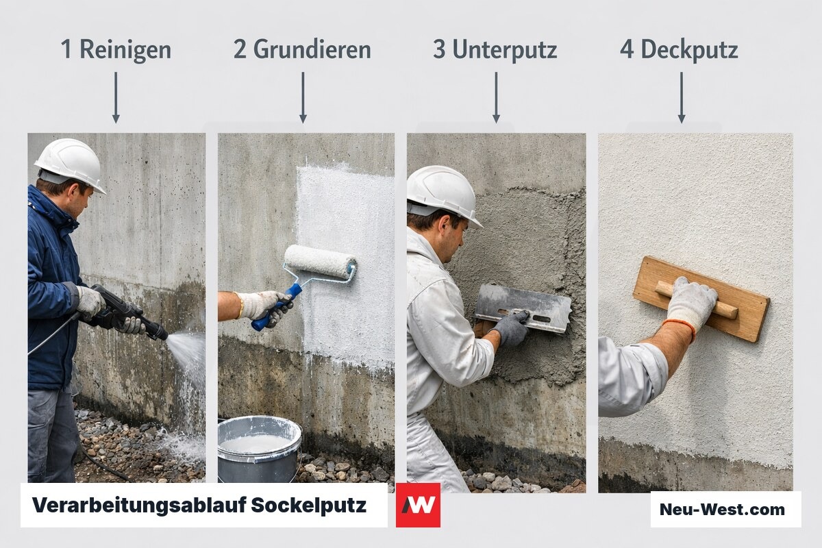 Verarbeitungsablauf Sockelputz – vier Arbeitsschritte – Erklär-Grafik (NEUWEST Berlin)