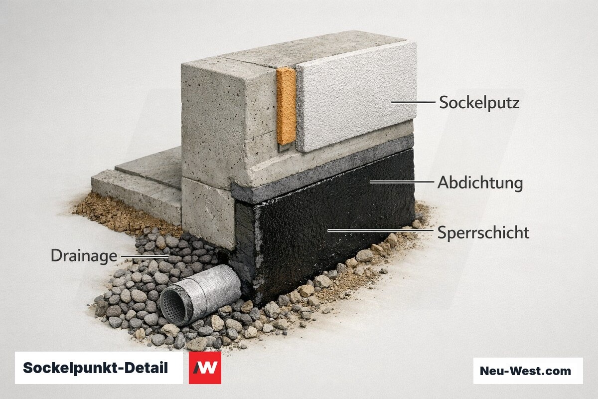 Sockelpunkt-Detail – Abdichtung, Sperrschicht und Putz im Schnitt – Erklär-Grafik (NEUWEST Berlin)