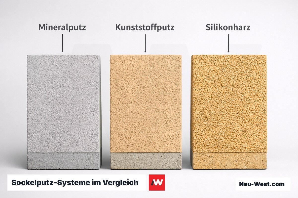 Sockelputz-Systeme im Vergleich – Mineral, Kunststoff, Silikonharz – Erklär-Grafik (NEUWEST Berlin)