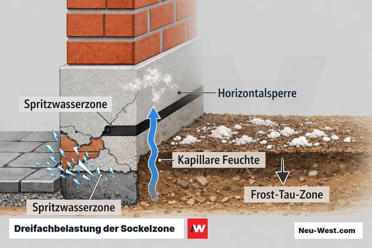 Querschnitt der Sockelzone mit drei Belastungen: Spritzwasser, aufsteigende Kapillarfeuchte und Frost-Salz-Zone am Mauerwerk mit Horizontalsperre.