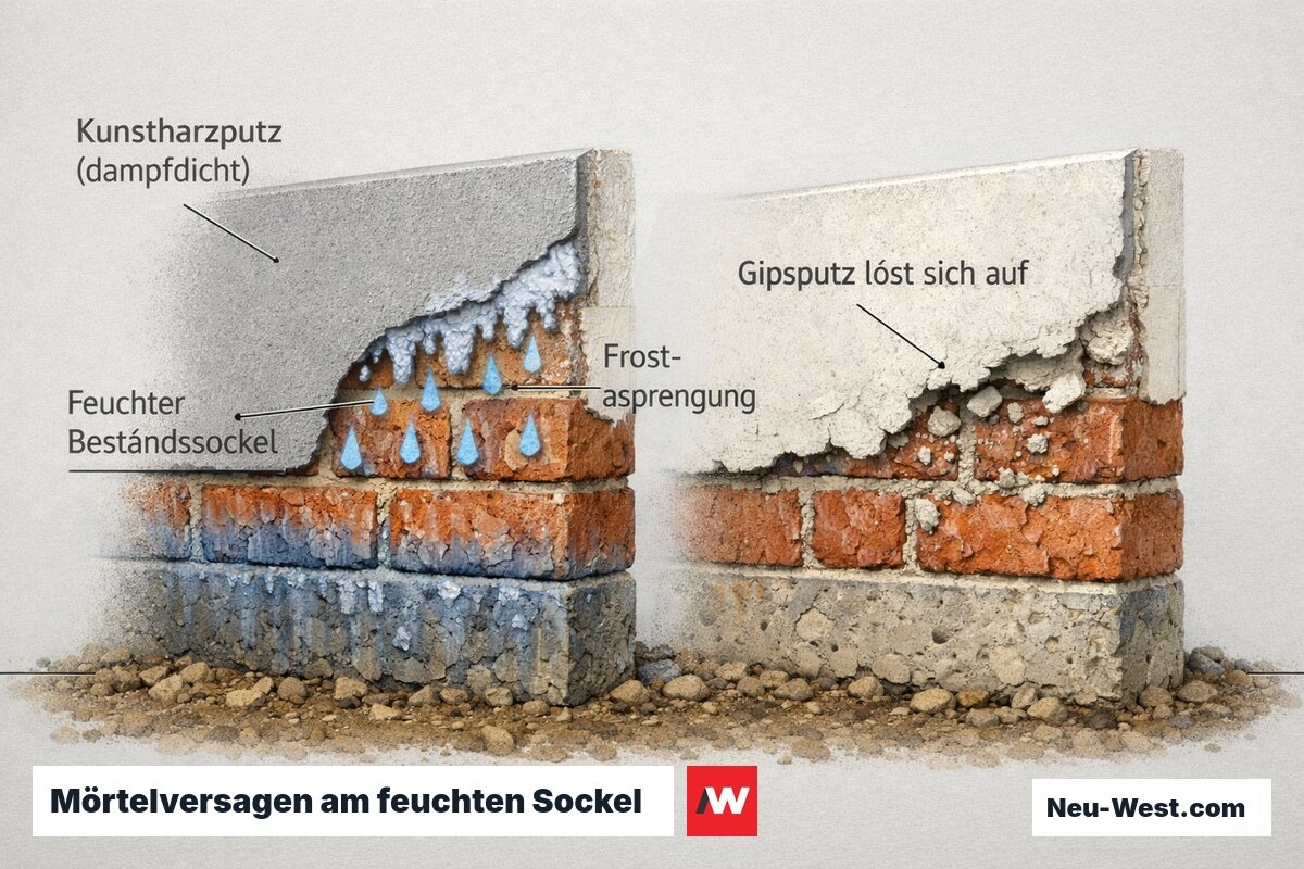 Querschnitt Bestandssockel: dampfdichter Kunstharzputz staut Feuchte, sprengt bei Frost ab; Gipsputz löst sich unter Dauerfeuchte auf.