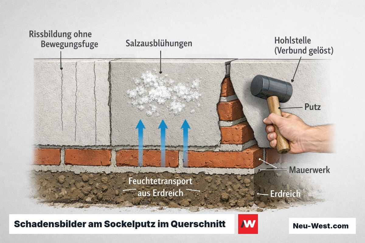Querschnitt eines Sockels mit Rissbildung, Salzausblühungen, Hohlstelle und aufsteigendem Feuchtetransport aus dem Erdreich.