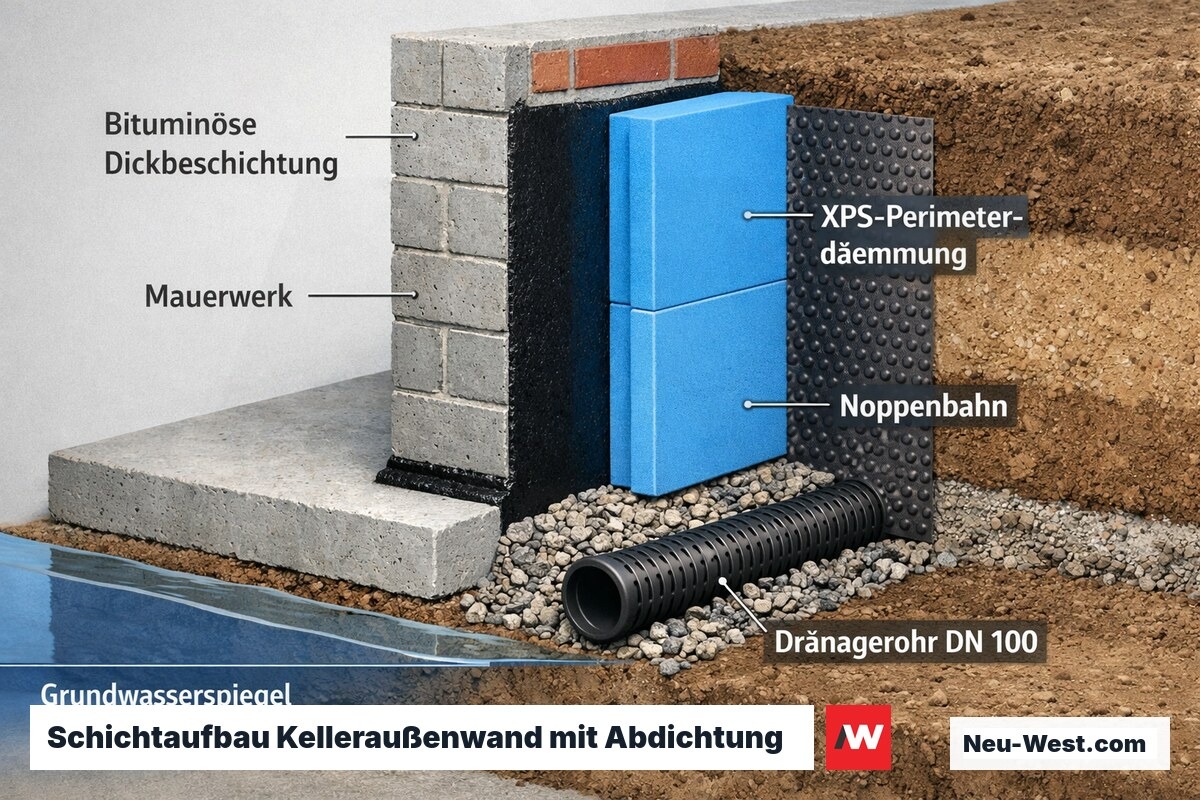 Querschnitt Kelleraußenwand mit Abdichtungsschichten: Dickbeschichtung, XPS-Dämmung, Noppenbahn und Dränage im Erdreich