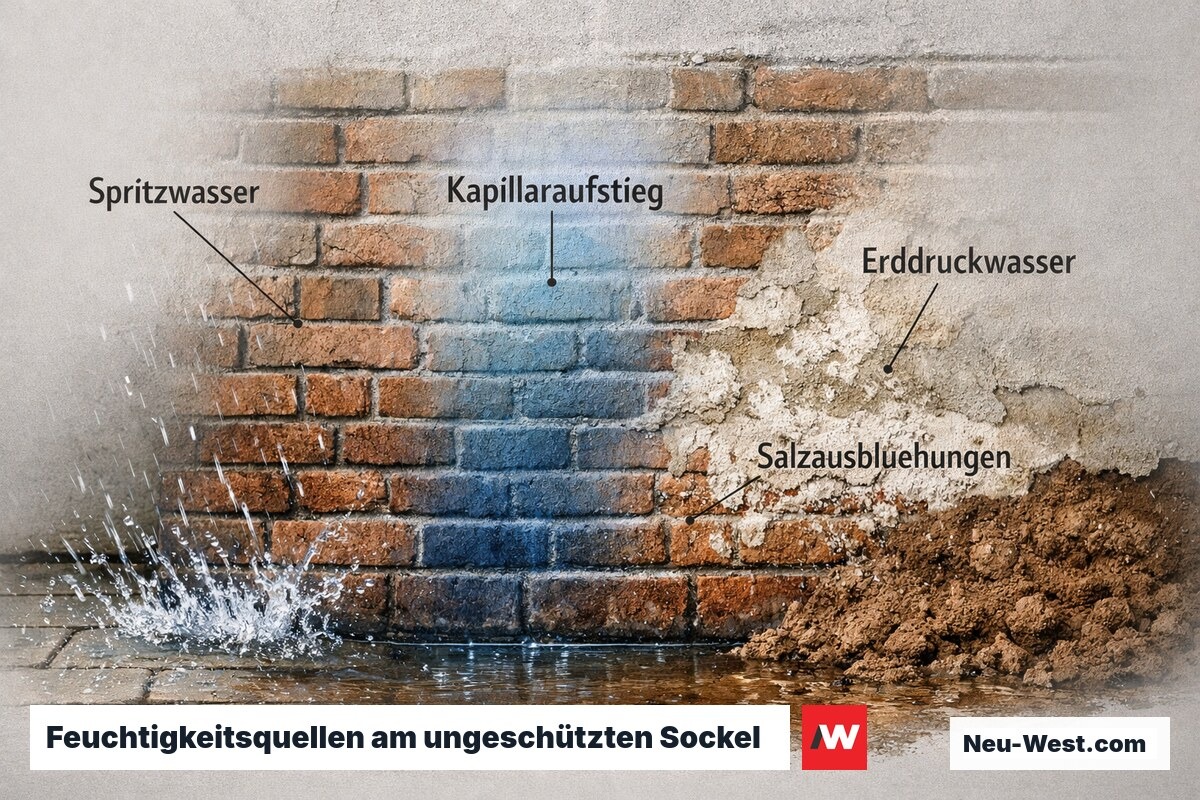 Kellerwand ohne Abdichtung mit drei Feuchtigkeitsquellen: Spritzwasser, kapillarer Aufstieg und seitlicher Erddruck