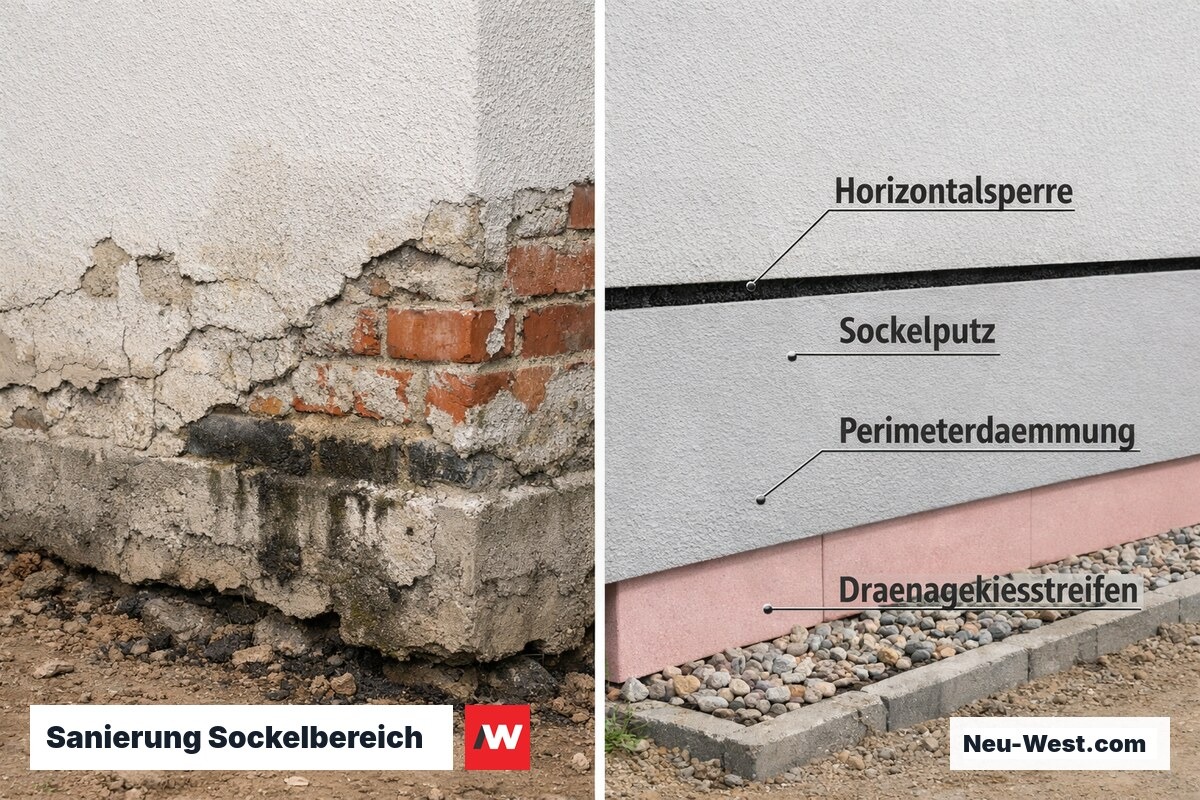 Vergleich Sockelbereich vor und nach Sanierung mit Horizontalsperre, Sockelputz und Perimeterdämmung