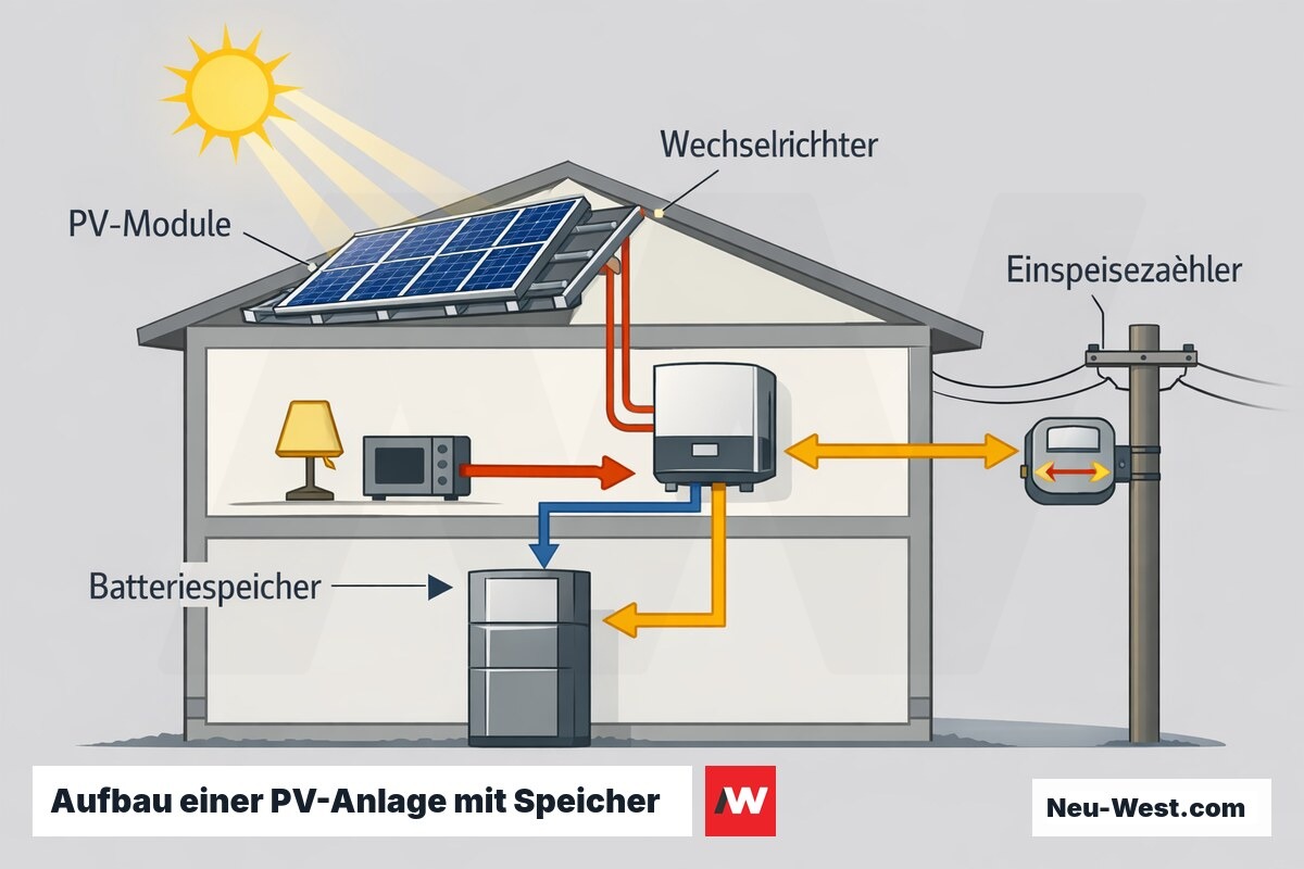 Querschnitt eines Hauses mit PV-Modulen auf dem Dach, Wechselrichter, Batteriespeicher und Einspeisezähler samt Stromflüssen zu Verbrauch, Speicher und Netz.