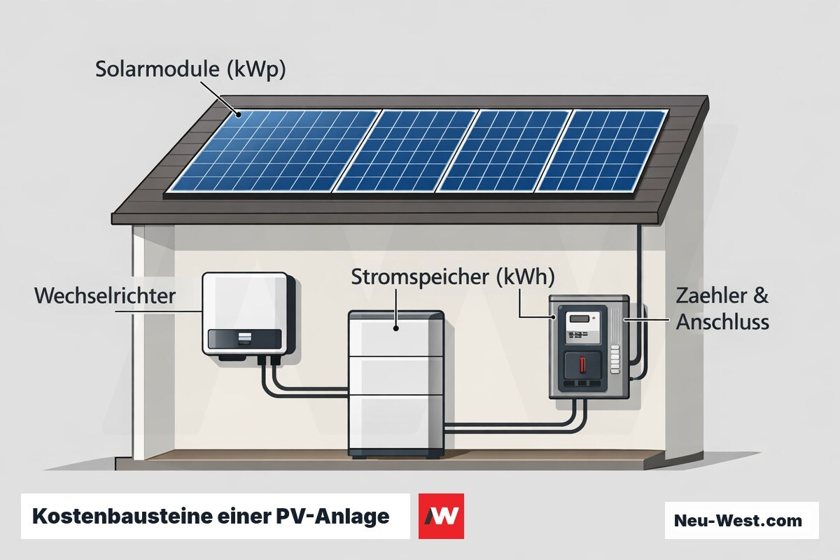 Querschnitt eines Einfamilienhauses mit PV-Modulen, Wechselrichter, Stromspeicher und Zähler als getrennte Kostenbausteine einer Photovoltaikanlage.
