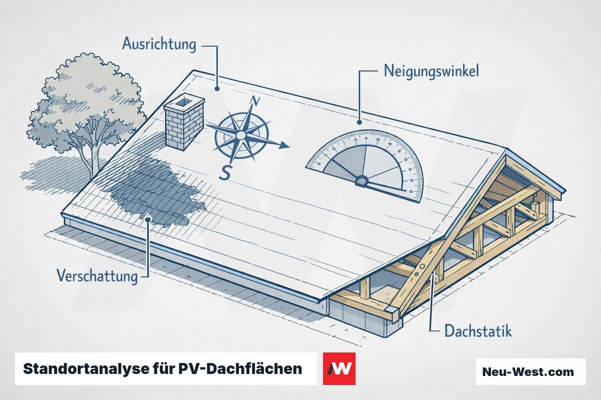 Diagramm einer Dachfläche mit Kompass-Ausrichtung, Neigungswinkel, Verschattung durch Baum und Schornstein sowie sichtbarer Dachtragwerk-Statik.