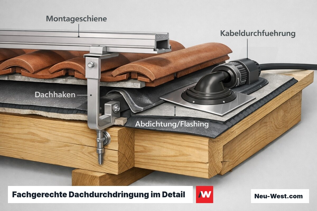 Detailquerschnitt einer PV-Dachbefestigung mit Dachhaken, abgedichteter Dachdurchdringung, Montageschiene und geschützter Kabeldurchführung.