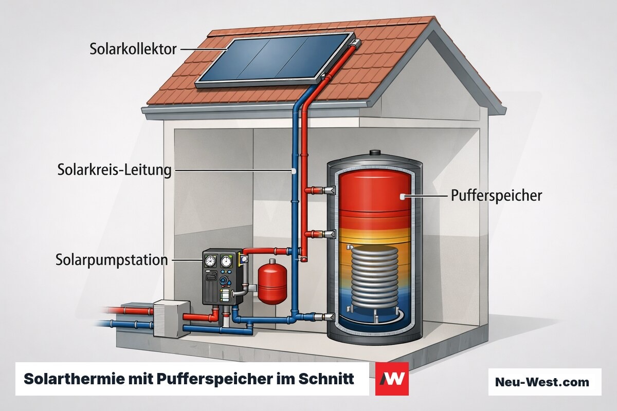 Querschnitt eines Gebäudes mit Solarkollektor auf dem Dach, Solarkreis-Leitungen und Pufferspeicher mit Schichtung und Solarpumpstation im Keller.