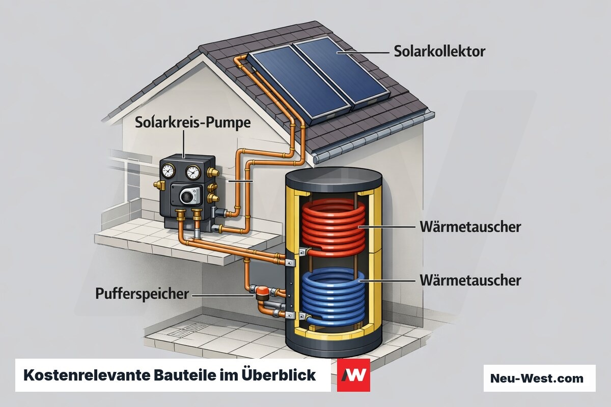 Querschnitt einer Solarthermie-Anlage mit Pufferspeicher, Dachkollektor, Pumpstation und Wärmetauscher als kostenbestimmende Komponenten.