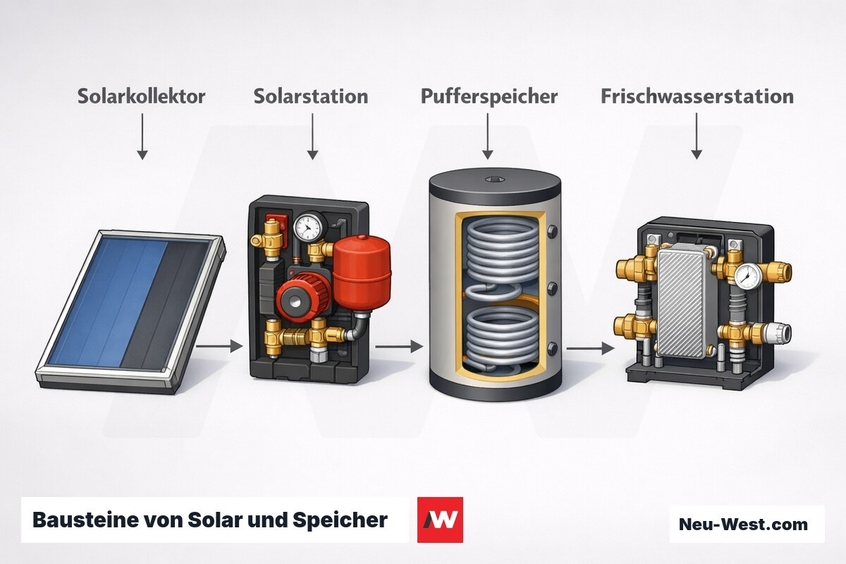 Schematische Übersicht der Hauptkomponenten: Solarkollektor, Solarstation, Pufferspeicher und Frischwasserstation als getrennte Module in einer Reihe.