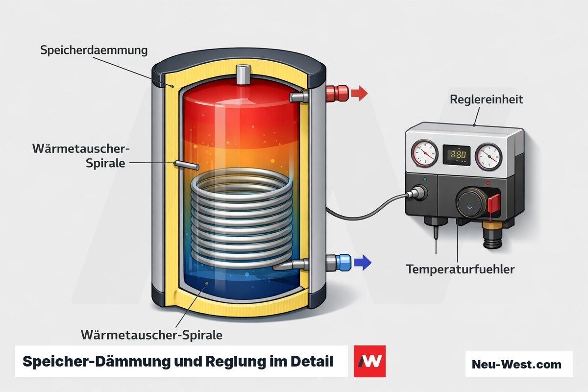 Querschnitt eines gedämmten Pufferspeichers mit Wärmetauscher-Spirale, Temperaturfühler und angeschlossener Reglereinheit zur fachgerechten Auslegung.