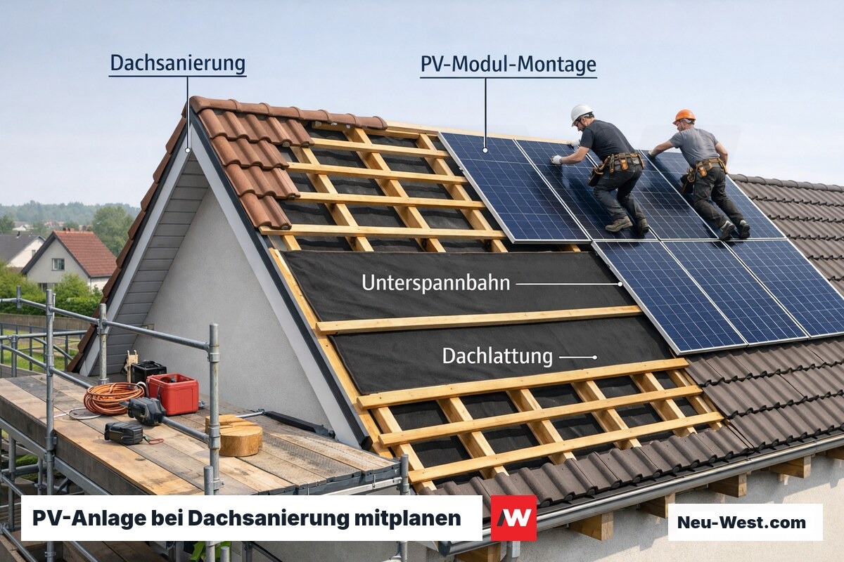 Hausdach im Umbau: links Gerüst, rechts neue Solarmodule neben freigelegten Sparren, Handwerker bei der Montage