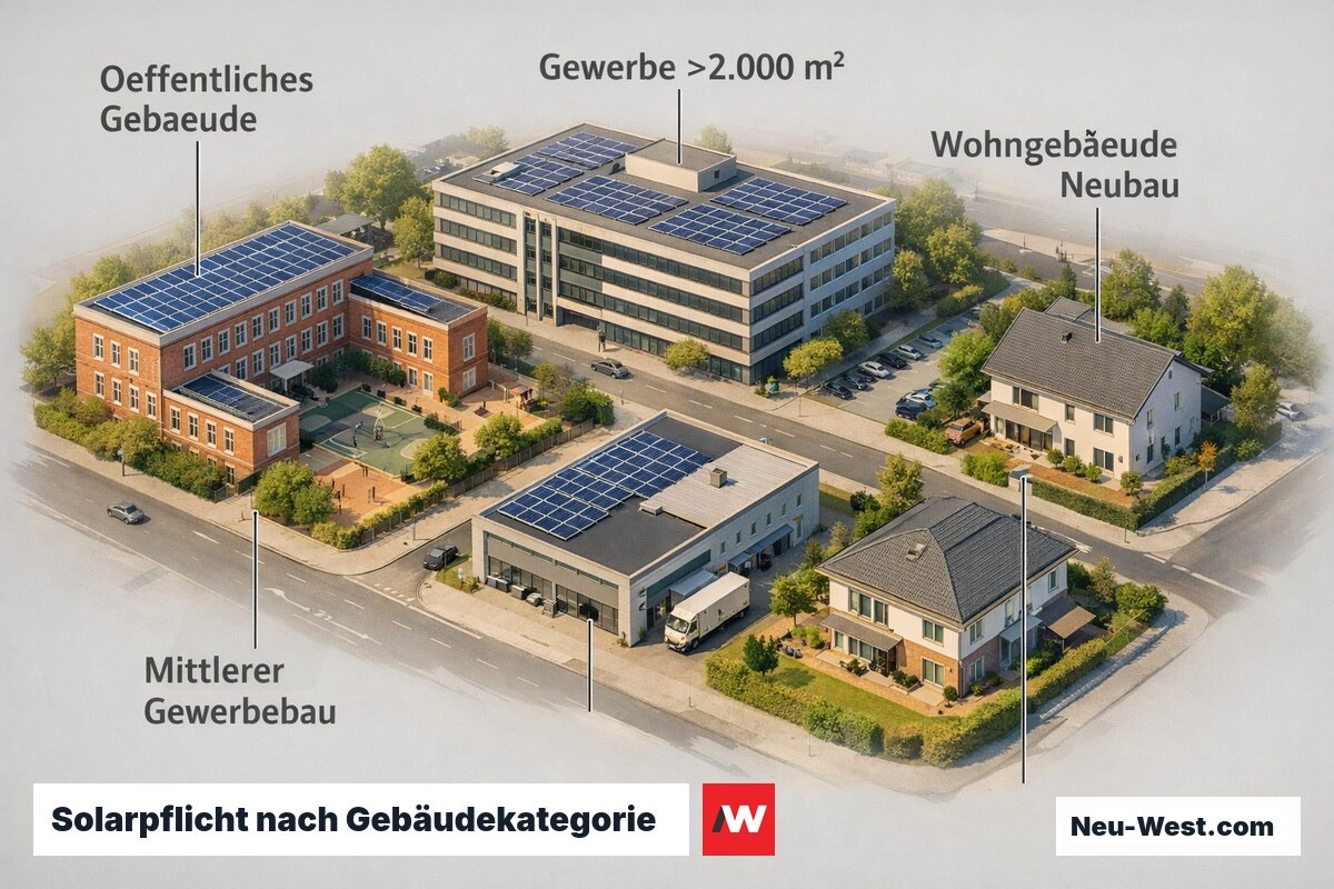 Vogelansicht auf vier Gebäudetypen mit unterschiedlichem Solarausbaustand, von Schule bis Einfamilienhaus
