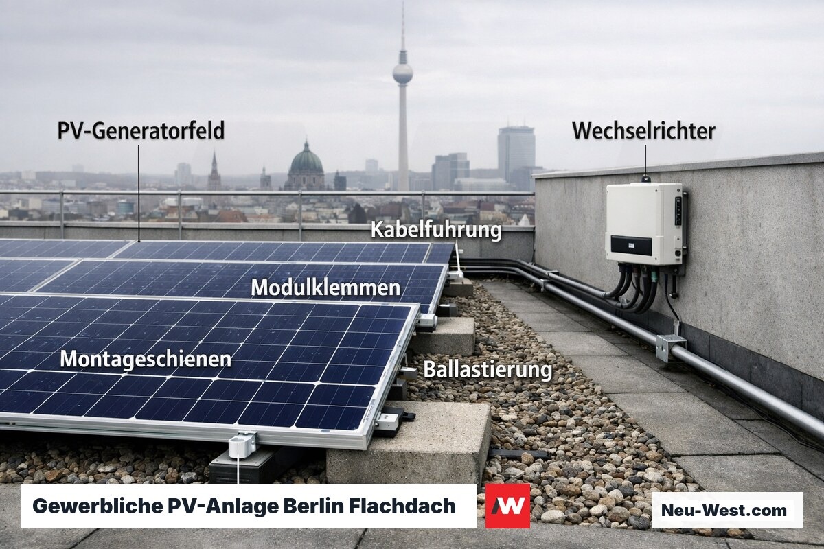 Berliner Flachdach mit PV-Modulreihen, Wechselrichter an der Brüstung, Stadtsilhouette im Hintergrund