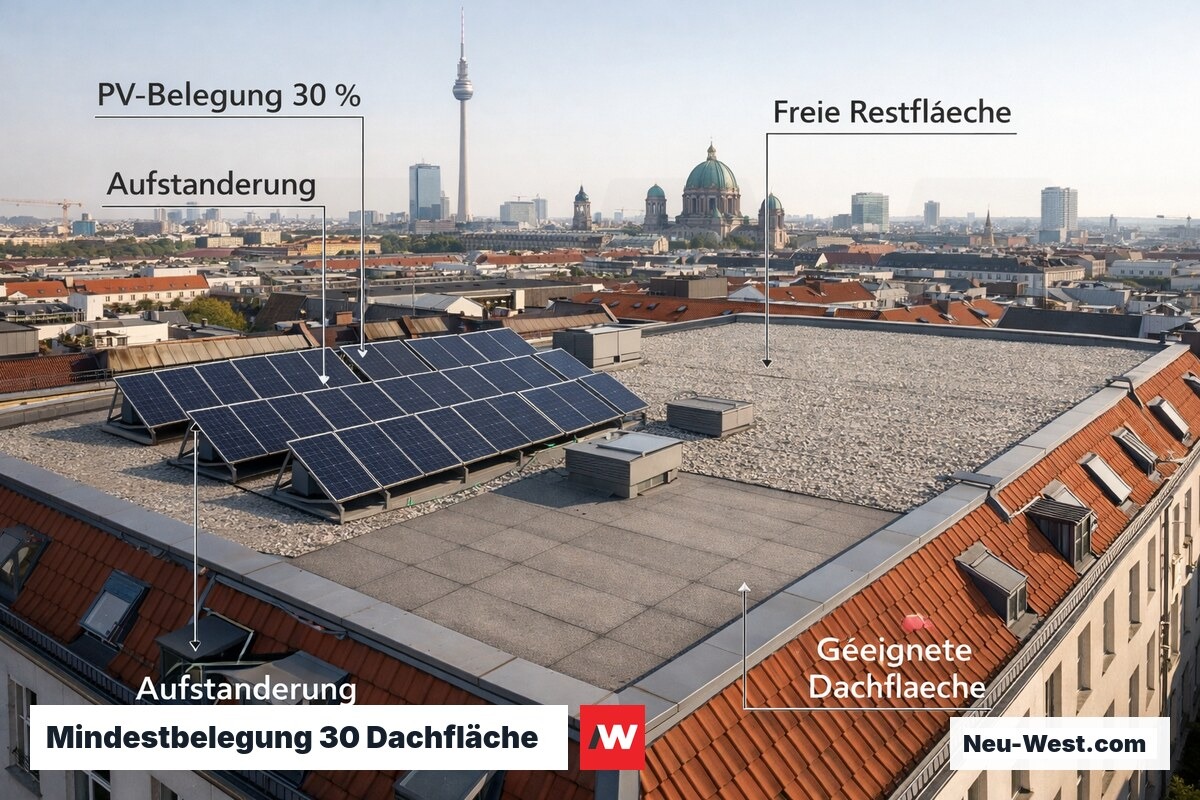 Berliner Altbau-Dach mit 30 Prozent PV-Belegung und ungenutzter Restfläche, Vogelperspektive