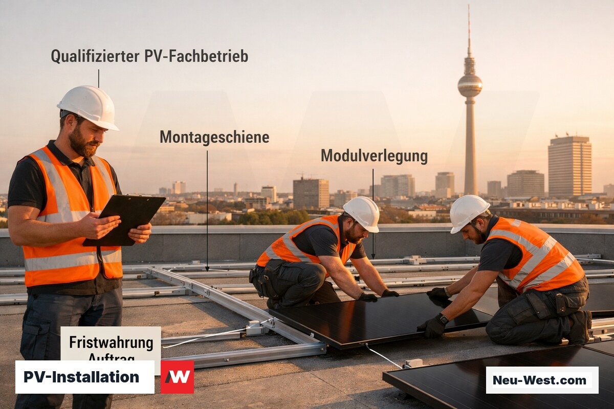PV-Monteure verlegen Solarmodule auf Berliner Flachdach, Fernsehturm im Hintergrund sichtbar