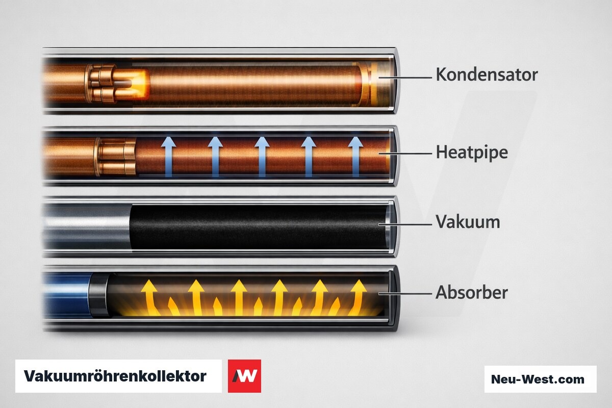 Vakuumröhrenkollektor: Heatpipe-Funktionsprinzip – Erklär-Grafik (NEUWEST Berlin)