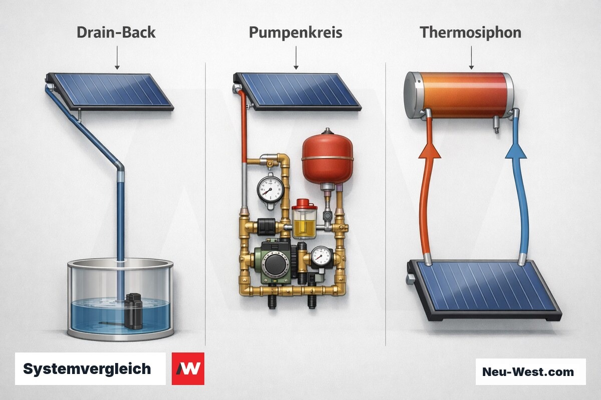 Systemvergleich: Drain-Back, Pumpenkreis, Thermosiphon – Erklär-Grafik (NEUWEST Berlin)