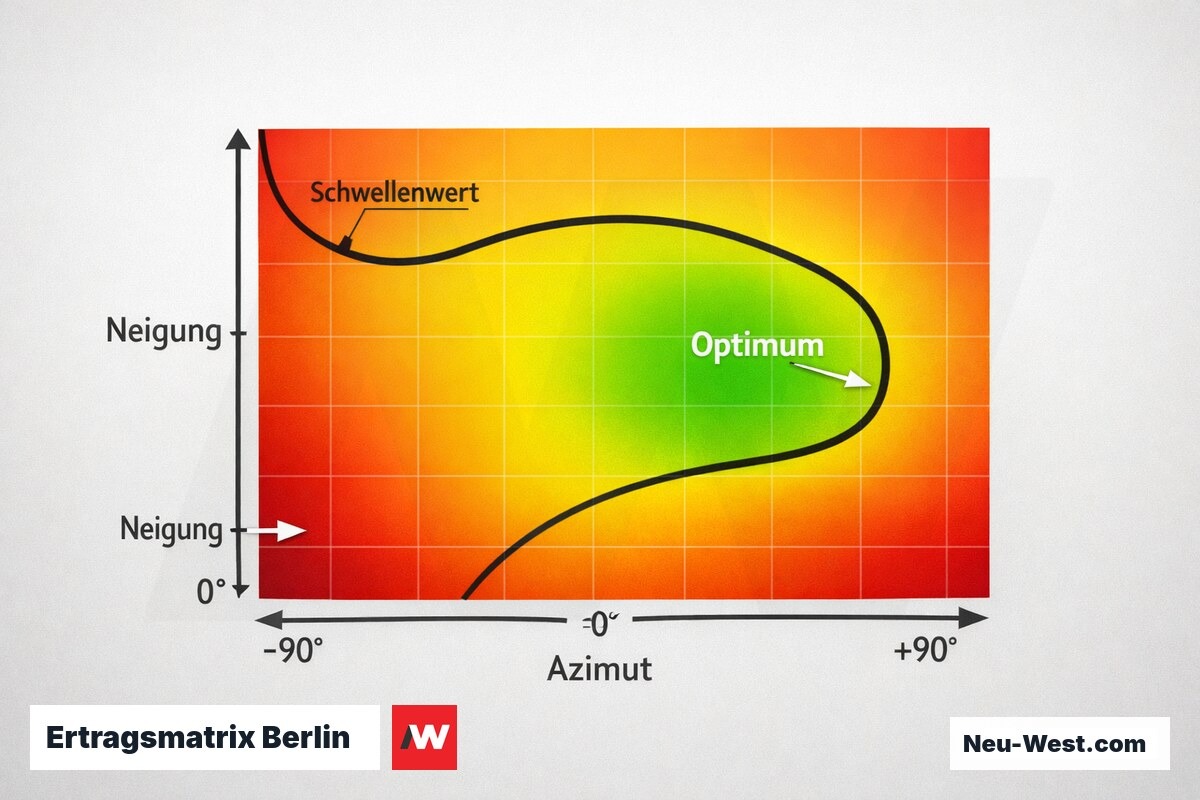 Ertragsmatrix Berlin: Azimut × Neigung (Optimum = Süd/35°) – Erklär-Grafik (NEUWEST Berlin)