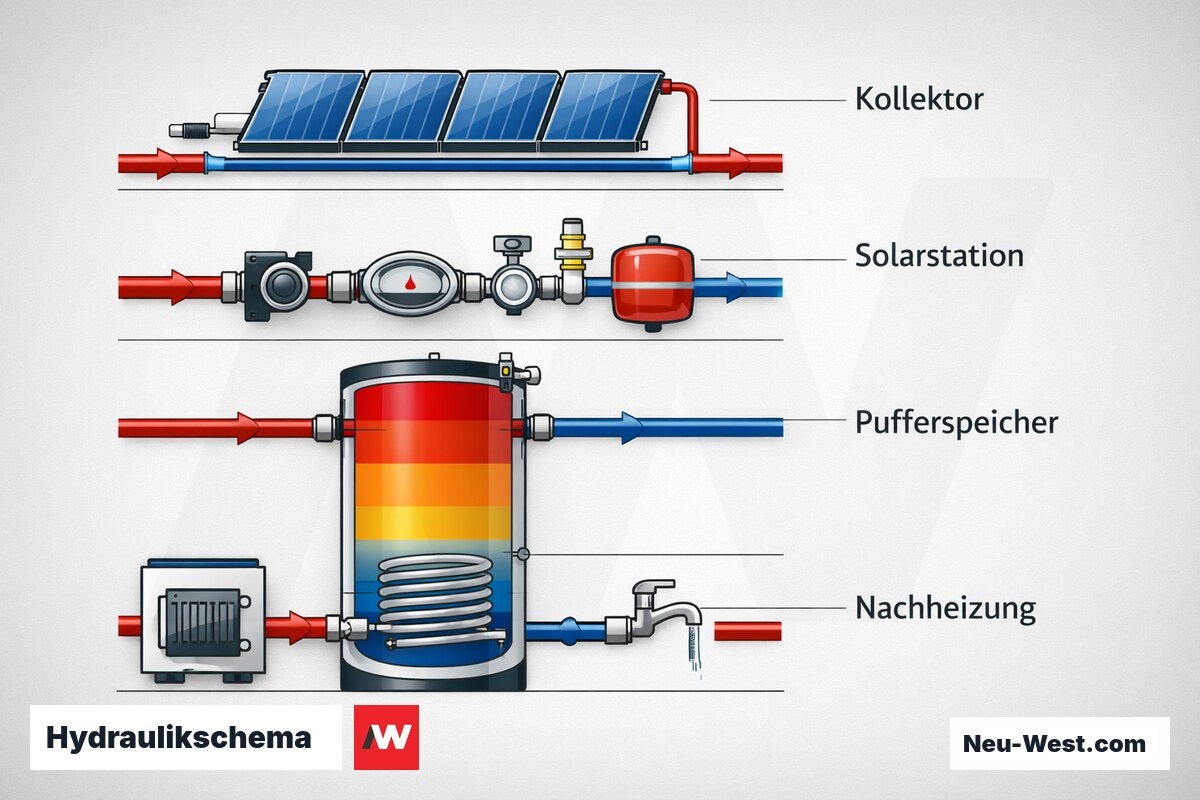 Hydraulikschema: Solarkreis mit geschichtetem Pufferspeicher – Erklär-Grafik (NEUWEST Berlin)